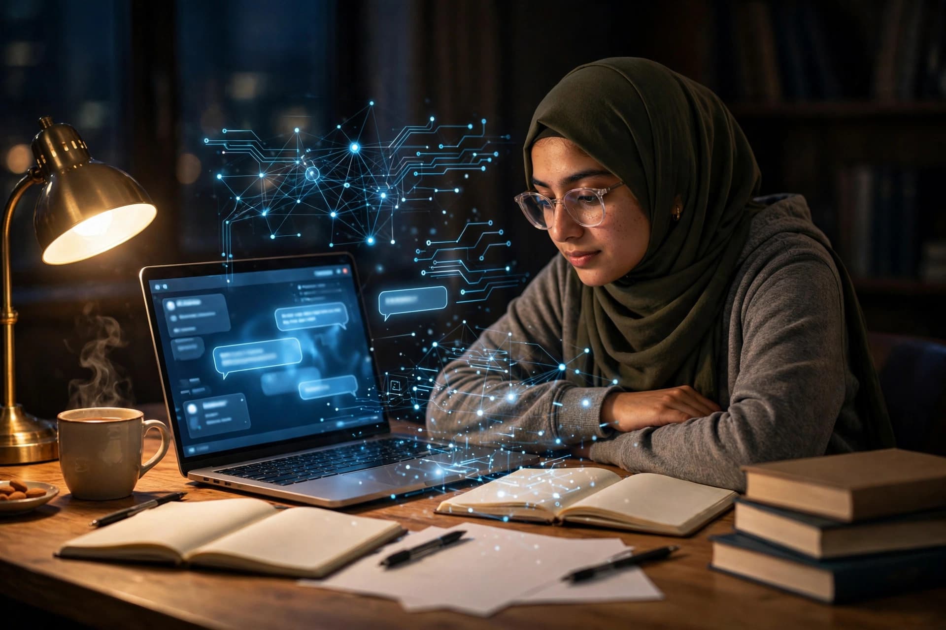 A student studying at night with a laptop showing an AI chatbot, glowing neural network patterns above the desk