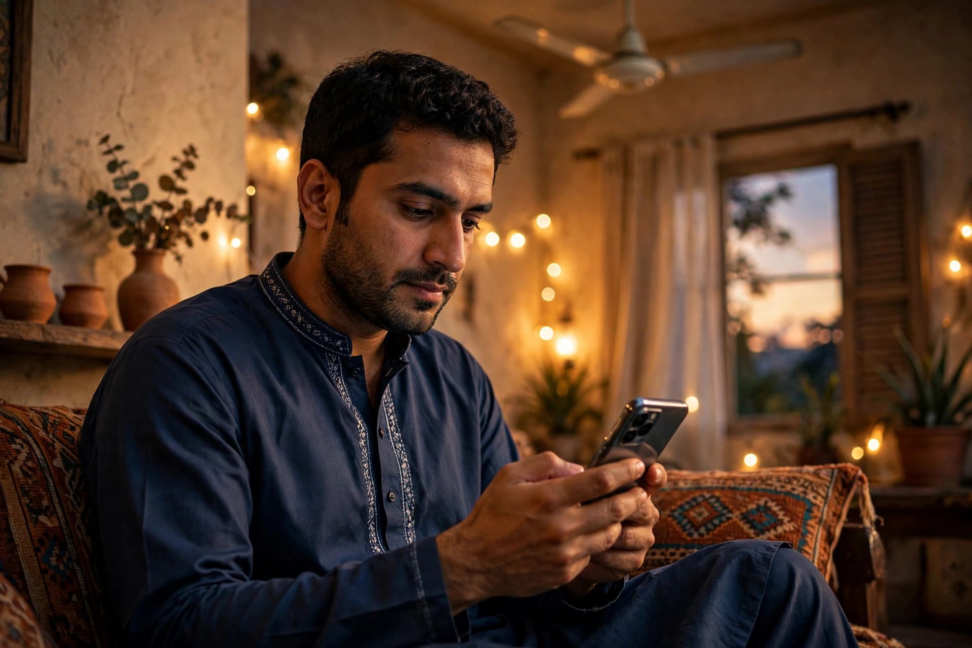 Pakistani man checking his electricity bill online on a smartphone at home