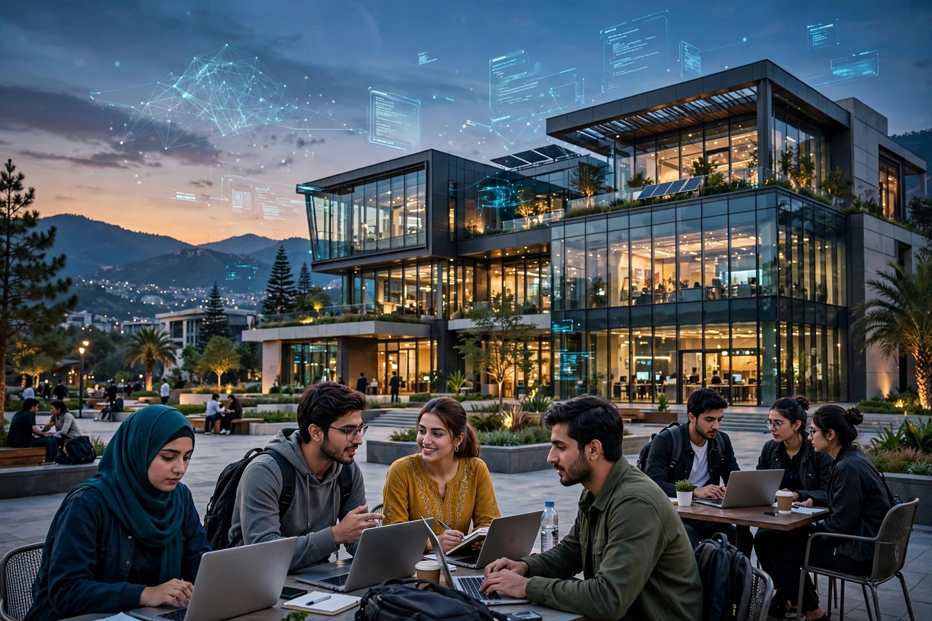 Modern glass technology park in Islamabad at dusk with young Pakistani students working on laptops